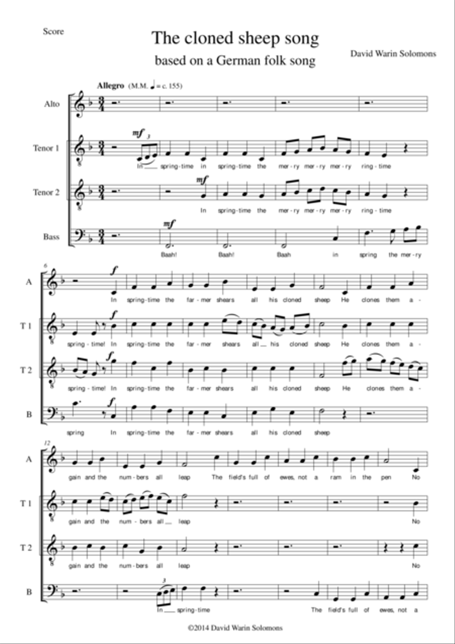 The Cloned sheep song for male voice choir (ATTB) 4-Part scores gallery preview page 1