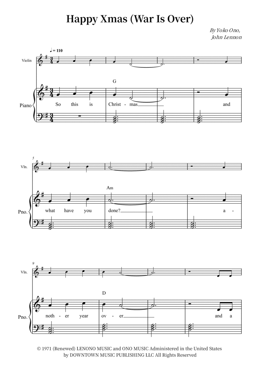 Happy Xmas (War Is Over) Violin Solo scores gallery preview page 1