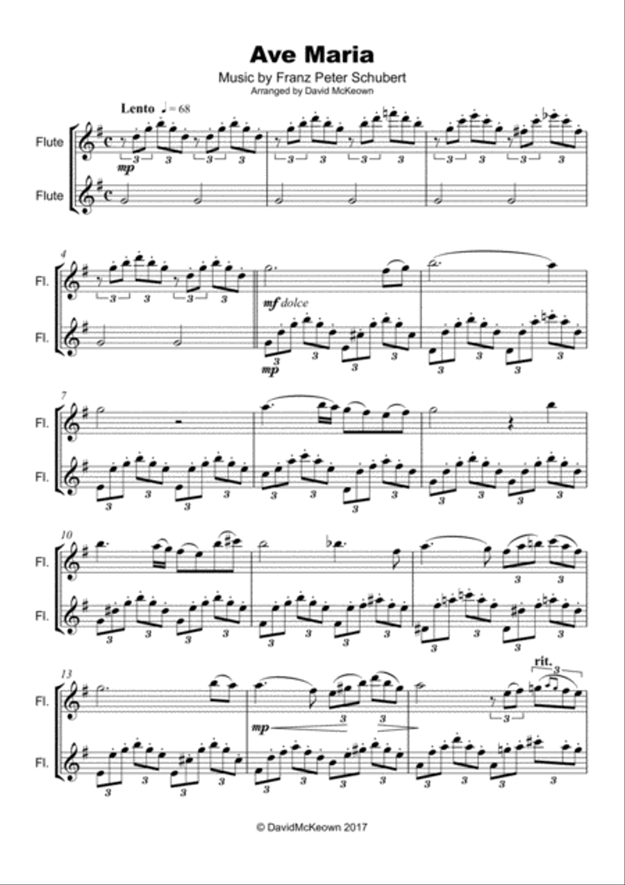 Ave Maria by Franz Schubert, Duet for two Flutes Flute Duet scores gallery preview page 2