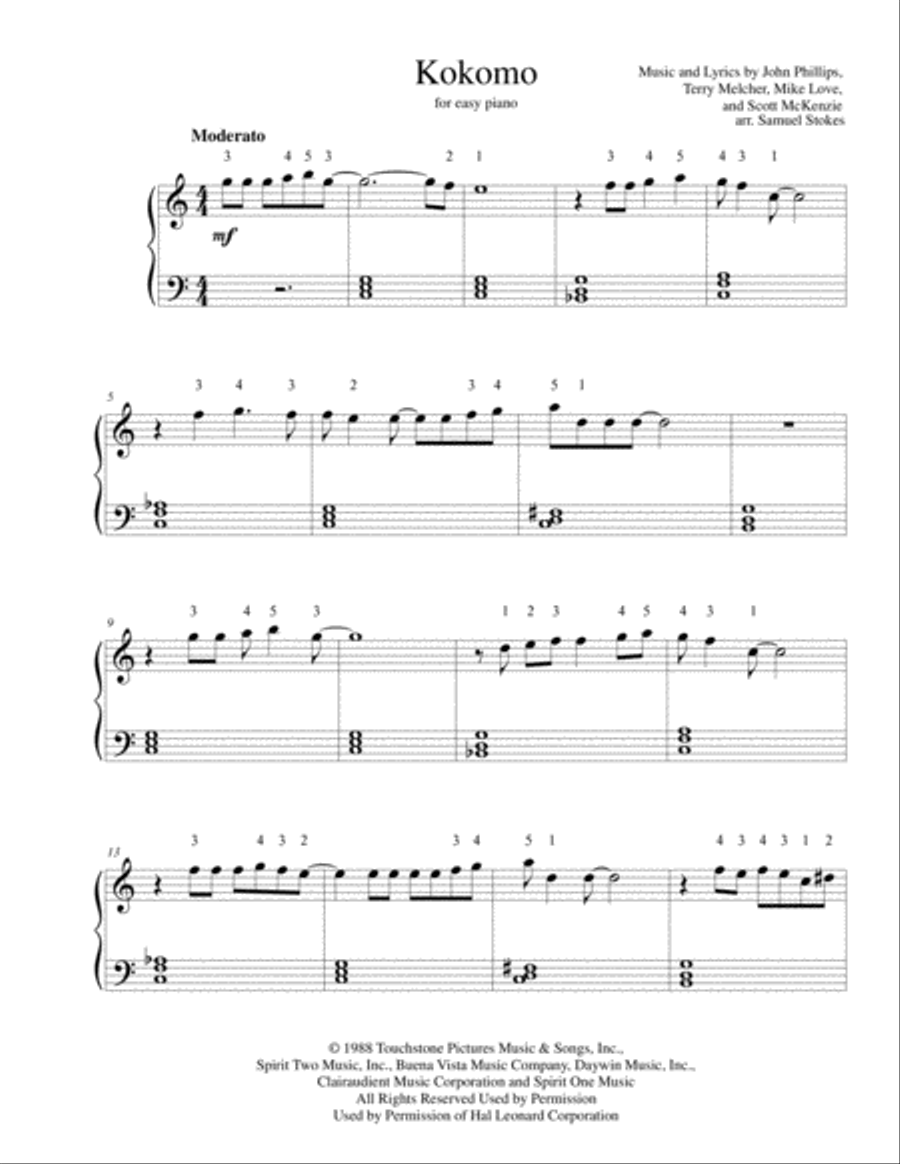 Kokomo Easy Piano scores gallery preview page 1