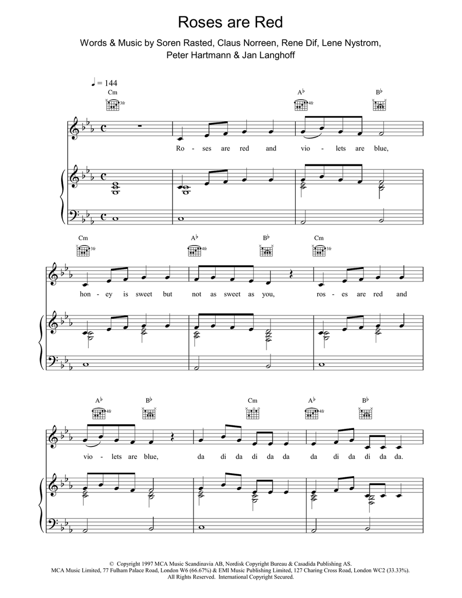 Roses are Red Piano, Vocal, Guitar scores gallery preview page 1