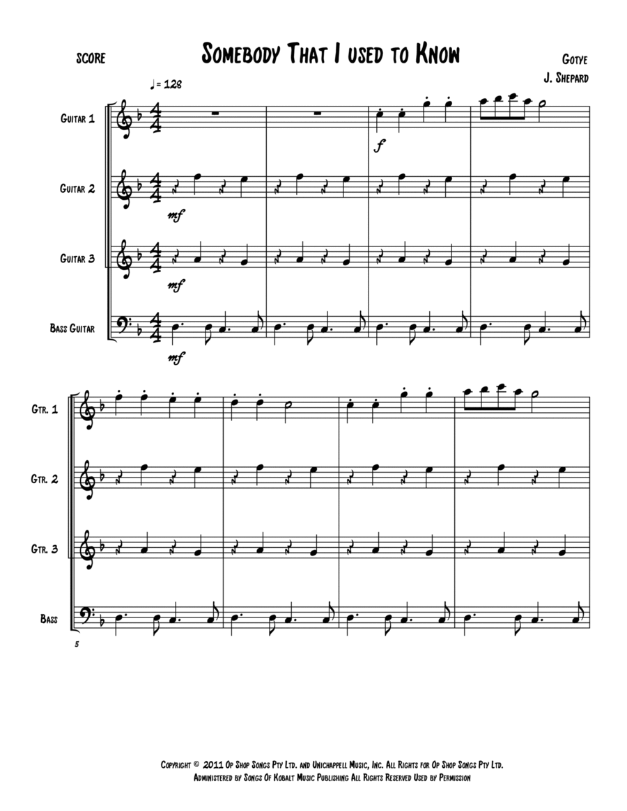 Somebody That I Used To Know Guitar Ensemble scores gallery preview page 1