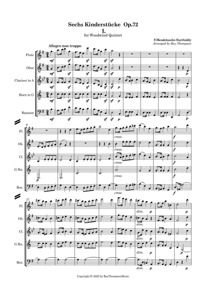 Mendelssohn: Sechs Kinderstücke (6 Christmas Pieces) Op.72 No.1 of 6 Allegro - wind quintet image number null