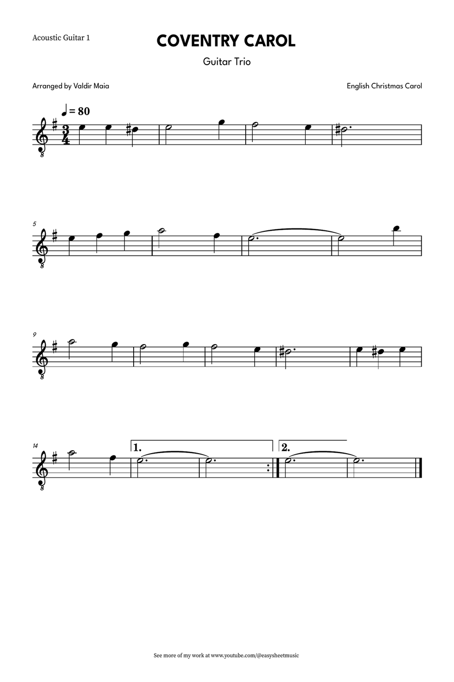 Coventry Carol for Guitar Trio (with Optional Piano Accompaniment) Guitar Ensemble scores gallery preview page 3