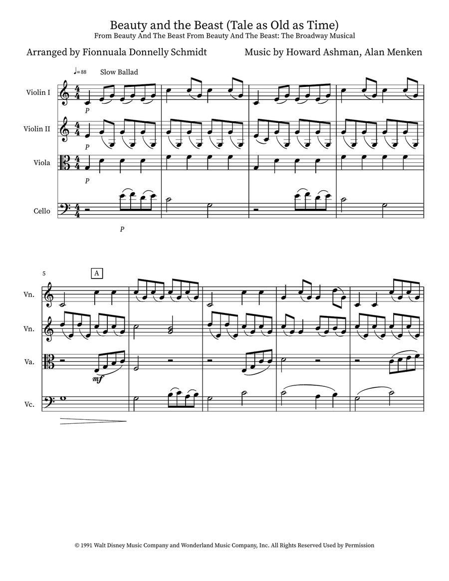 Beauty And The Beast Beauty And The Beast String Quartet scores gallery preview page 1