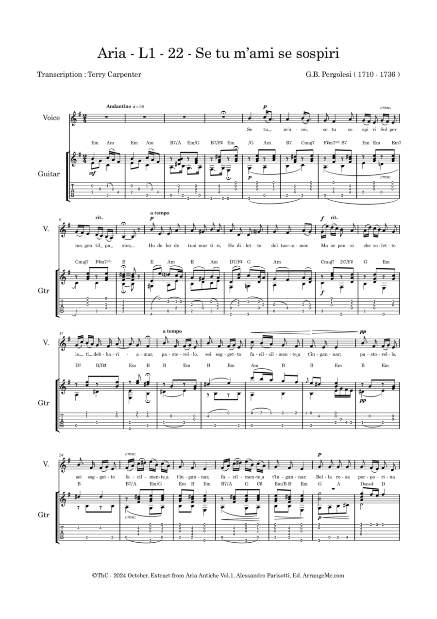 Se tu m'ami se sospiri ( extract from Aria Antiche Vol. 1 ) Acoustic Guitar scores gallery preview page 1