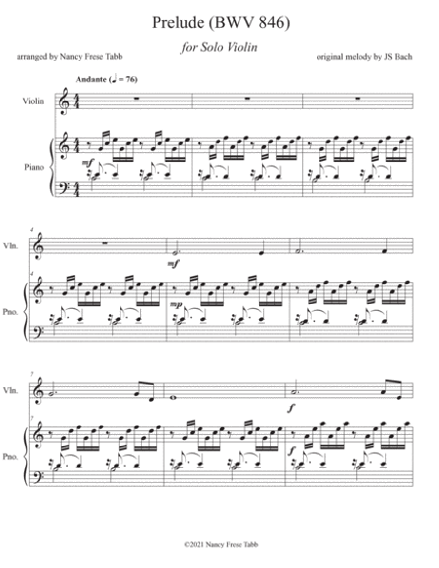 Bach Prelude in C Major (BWV 846) arranged as a Violin Solo with Piano Accompaniment Violin Solo scores gallery preview page 2