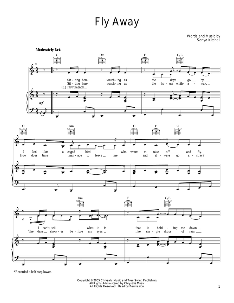 Fly Away Piano, Vocal, Guitar scores gallery preview page 1
