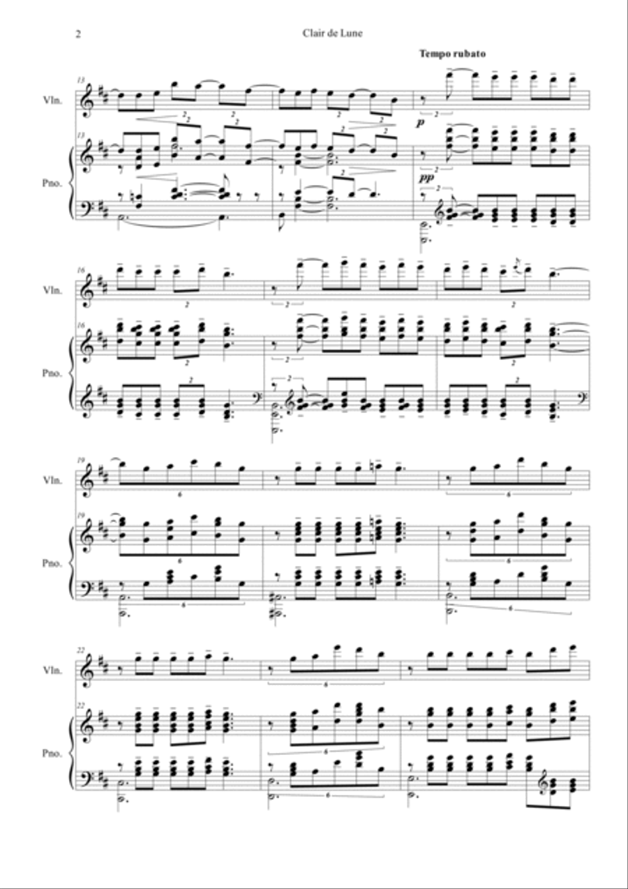 Clair de Lune in D Violin Solo scores gallery preview page 2