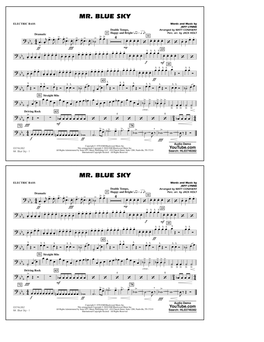 Mr. Blue Sky (arr. Matt Conaway) - Electric Bass Marching Band scores gallery preview page 1