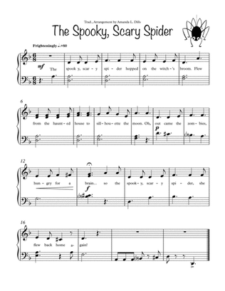 Book cover for The Spooky, Scary Spider (Halloween arrangement of Itsy Bitsy Spider for Easy Piano)