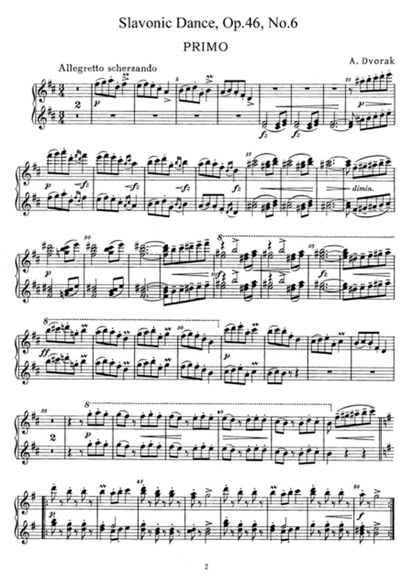 Dvorak Slavonic Dance, Op.46, No.6, for piano duet, PD886