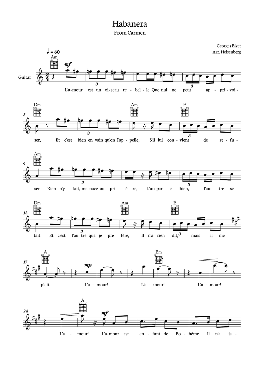 Habanera from Carmen for Guitar with chords and lyrics. Classical Guitar scores gallery preview page 1