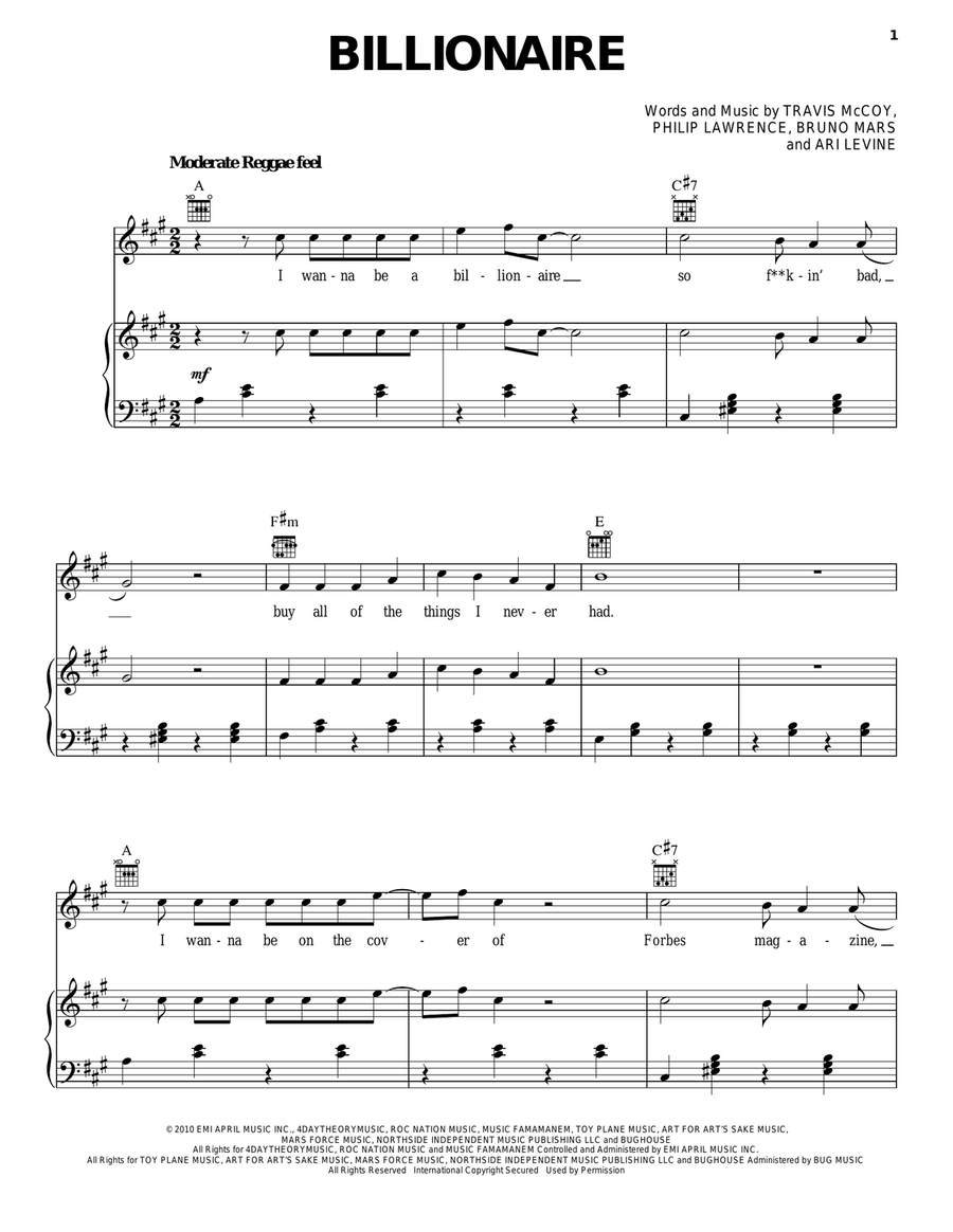 Billionaire Piano, Vocal, Guitar scores gallery preview page 1