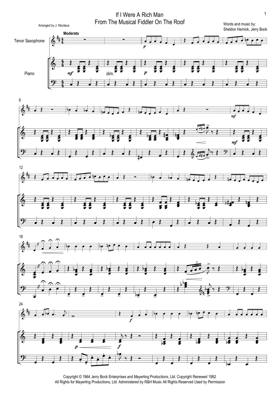 If I Were A Rich Man Tenor Saxophone scores gallery preview page 1