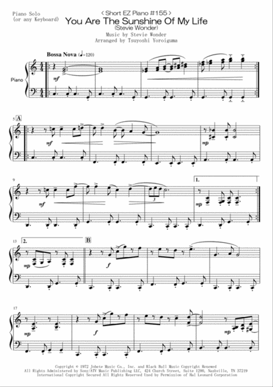 You Are The Sunshine Of My Life Easy Piano scores gallery preview page 1