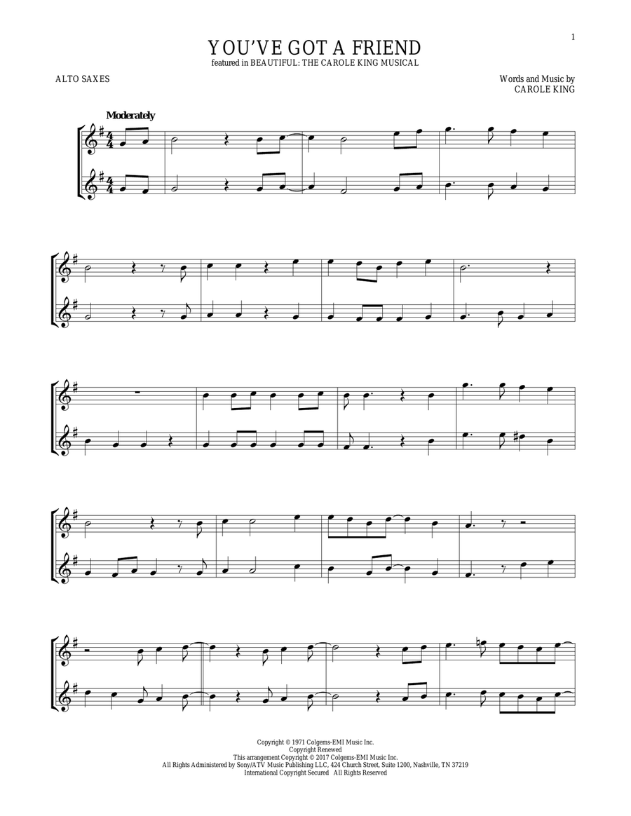 You've Got A Friend (from Beautiful: The Carole King Musical) Woodwind Duet scores gallery preview page 1