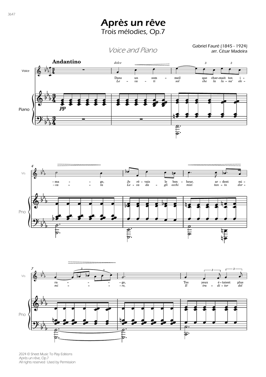 Après un rêve, Op.7 - Voice and Piano (Full Score) Piano, Vocal scores gallery preview page 1