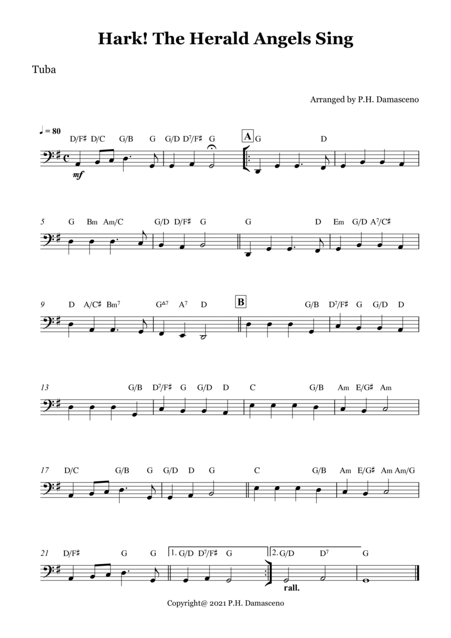 Hark! The Herald Angels Sing - Tuba Solo with Chords Tuba scores gallery preview page 1