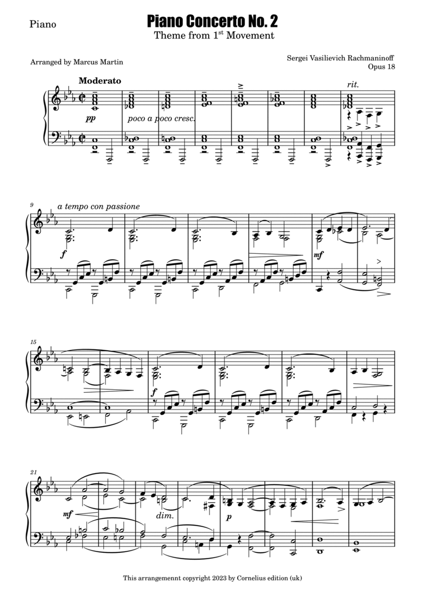 Rachmaninov Piano Concerto No 2 1st movement theme for Piano solo