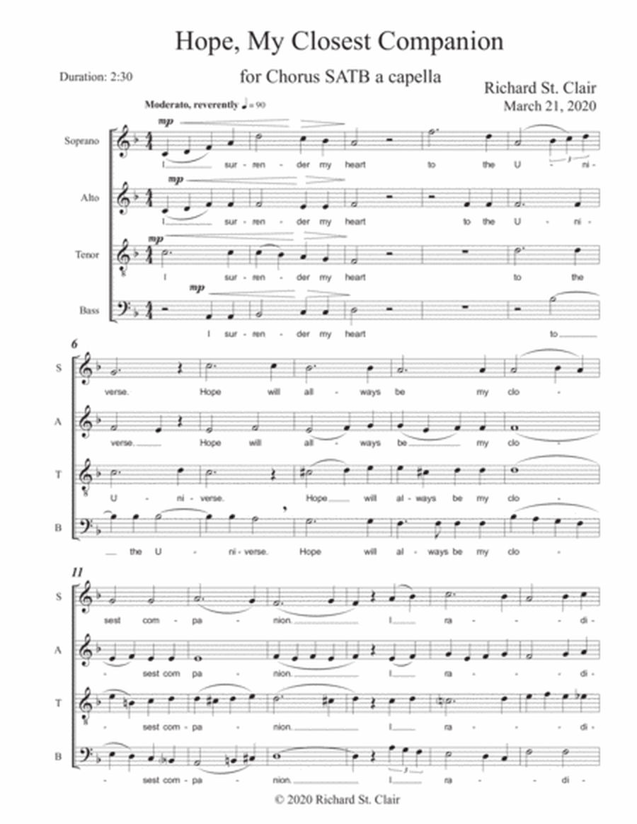 HOPE, MY CLOSEST COMPANION for SATB Chorus a Capella image number null