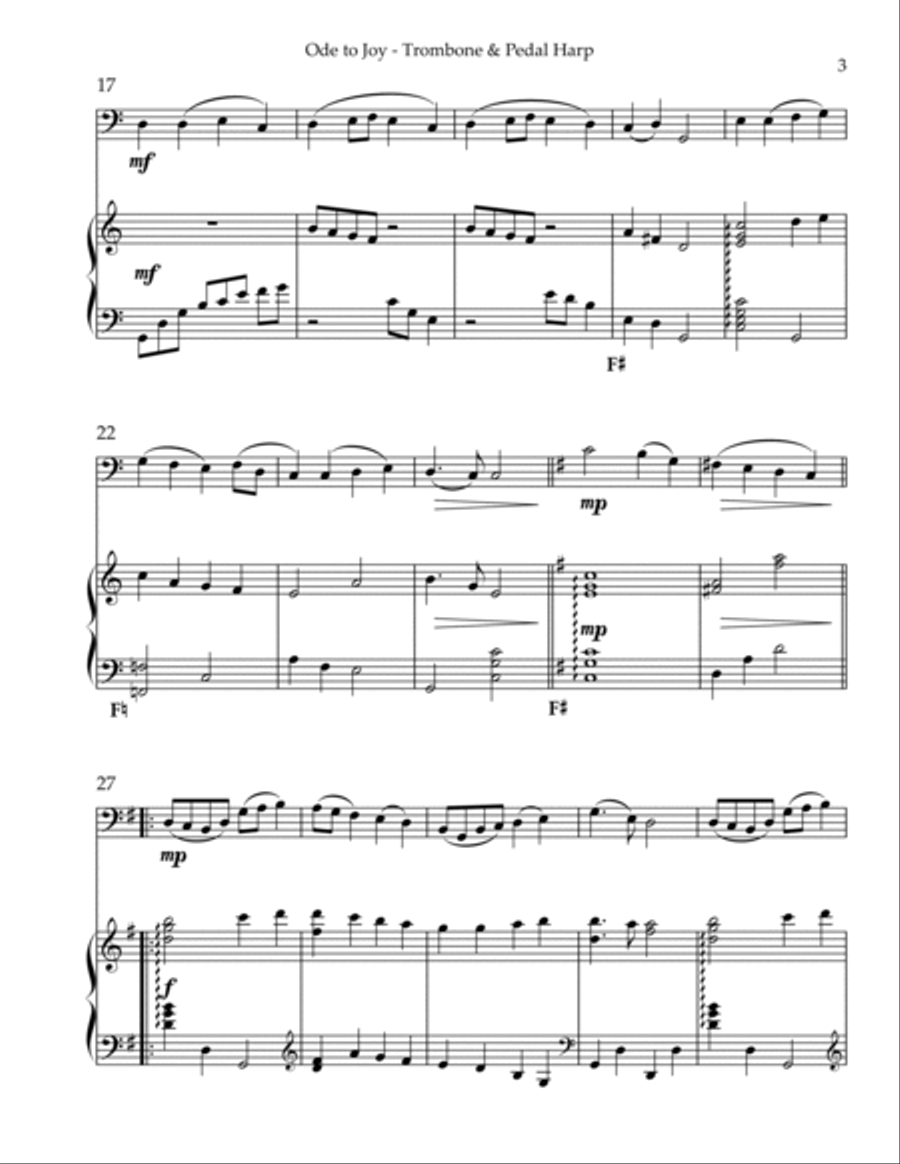 Ode to Joy, Duet for Trombone & Pedal Harp Trombone Duet scores gallery preview page 3