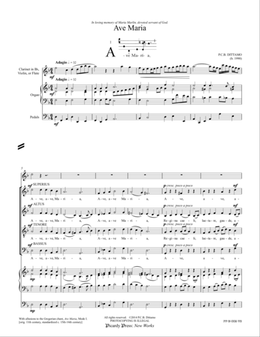 Ave Maria (SATB Choir, Bb/C Treble Instrument, Organ) 4-Part scores gallery preview page 1