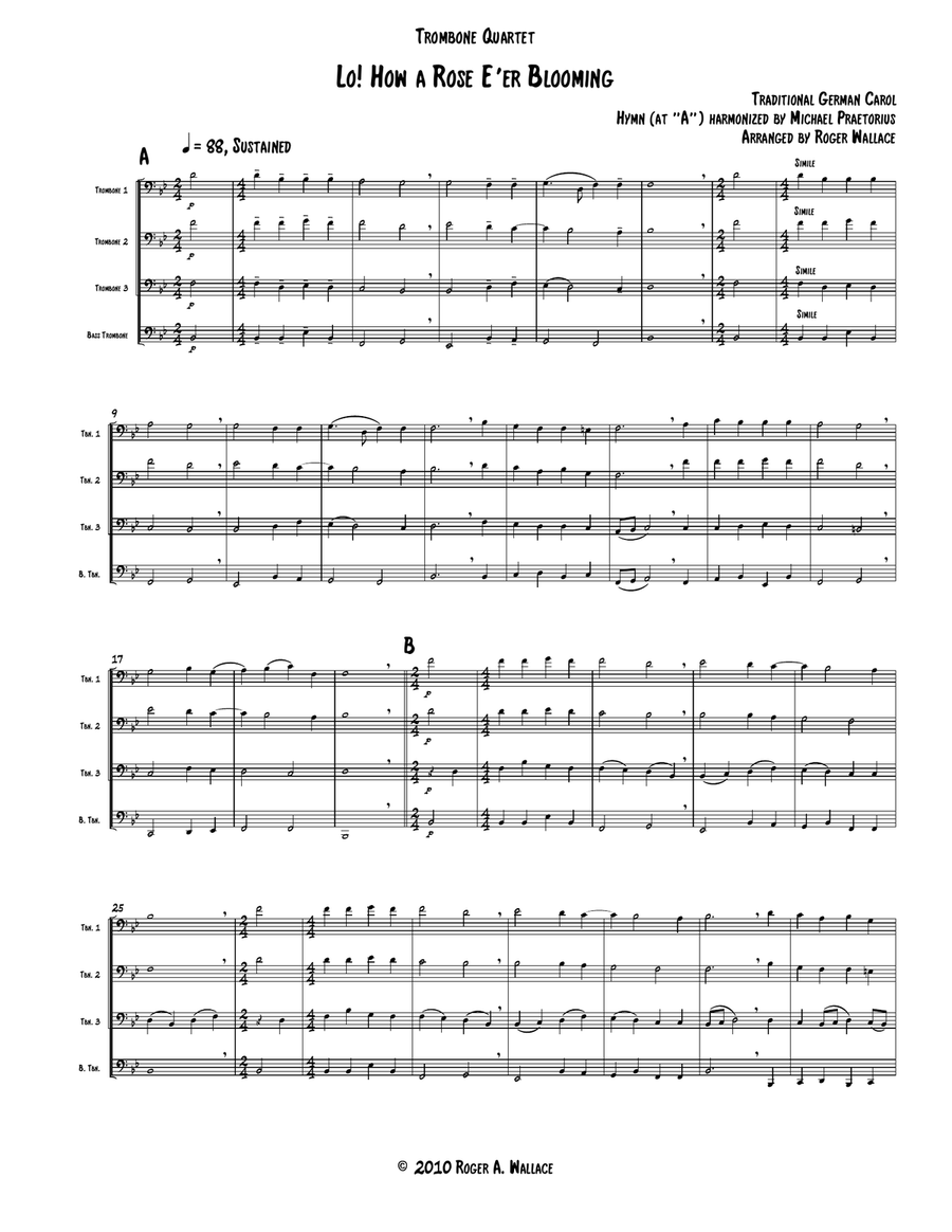 Lo! How a Rose E’er Blooming (Trombone Quartet) Brass Quartet scores gallery preview page 1