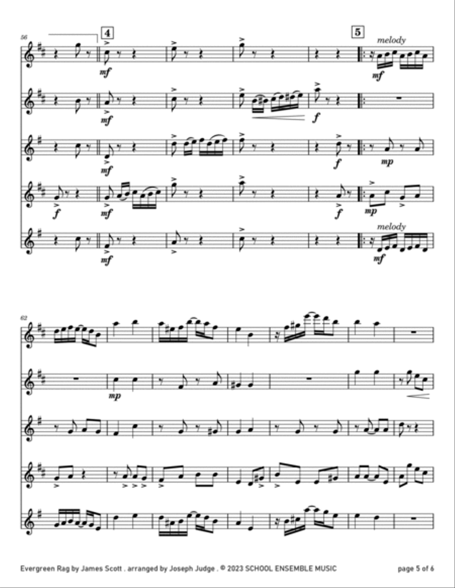 Evergreen Rag by James Scott for Saxophone Quartet in Schools Saxophone Quartet scores gallery preview page 5