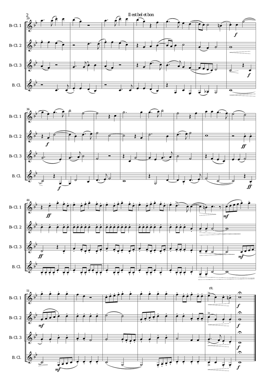 Il est bel et bon (He is good and handsome) for clarinet quartet (3 B flats and 1 Bass) Clarinet Quartet scores gallery preview page 2