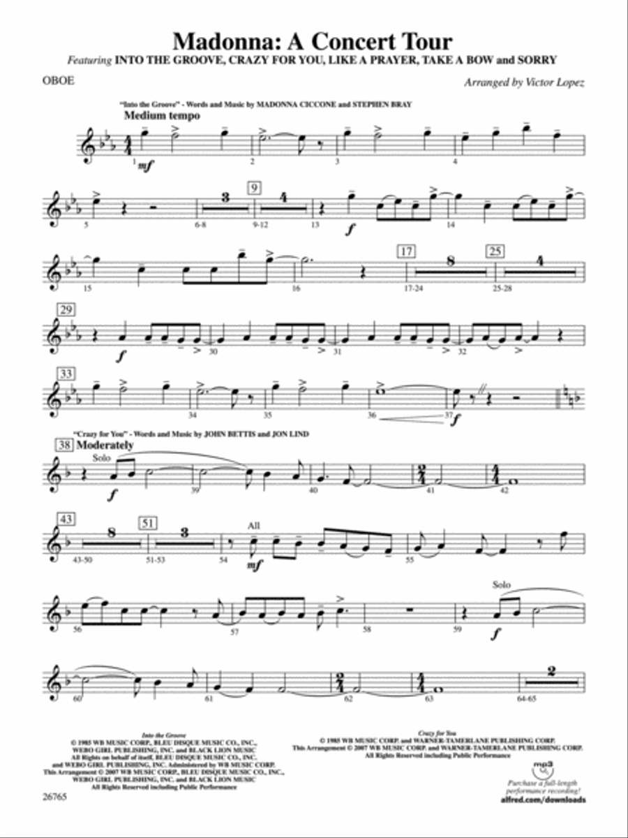 Madonna: A Concert Tour: Oboe Concert Band scores gallery preview page 1