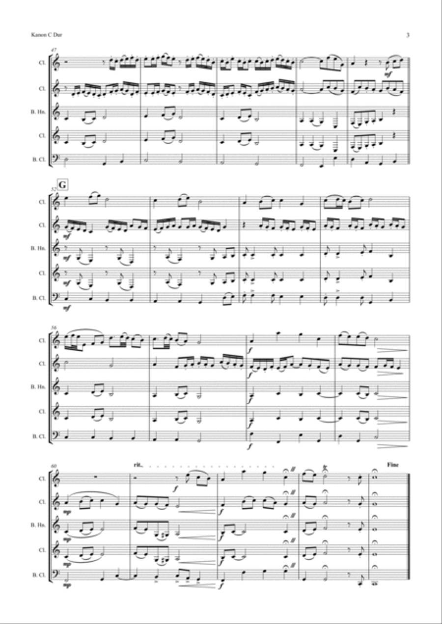 Canon C-Major, Kanon C-Dur, Clarinet Quartet Clarinet Quartet scores gallery preview page 3
