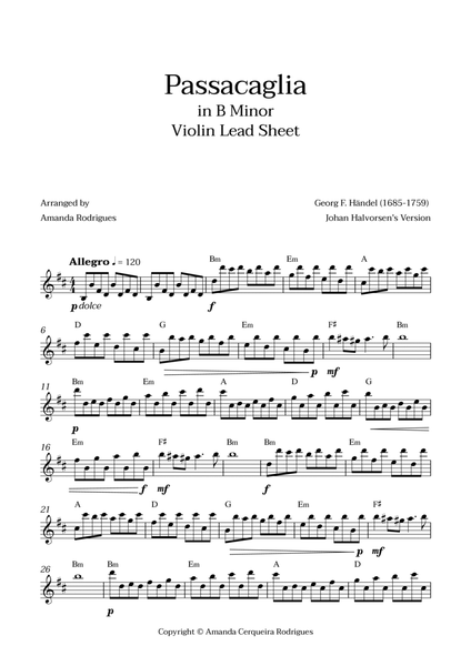 Passacaglia - Easy Violin Lead Sheet in Bm Minor (Johan Halvorsen's Version) image number null