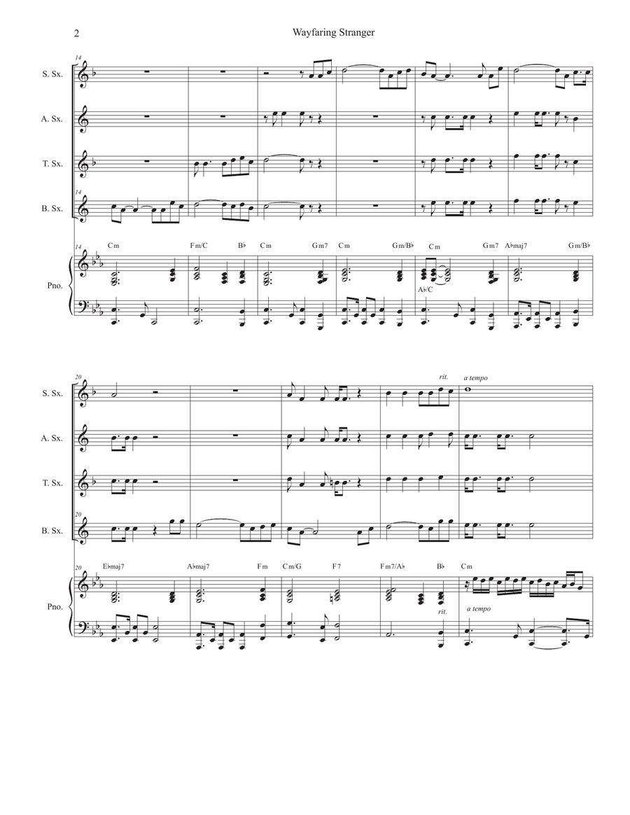 Wayfaring Stranger (Saxophone Quartet and Piano) Woodwind Ensemble scores gallery preview page 3