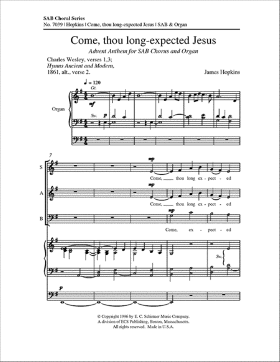 Come, thou long-expected Jesus 3-Part scores gallery preview page 1