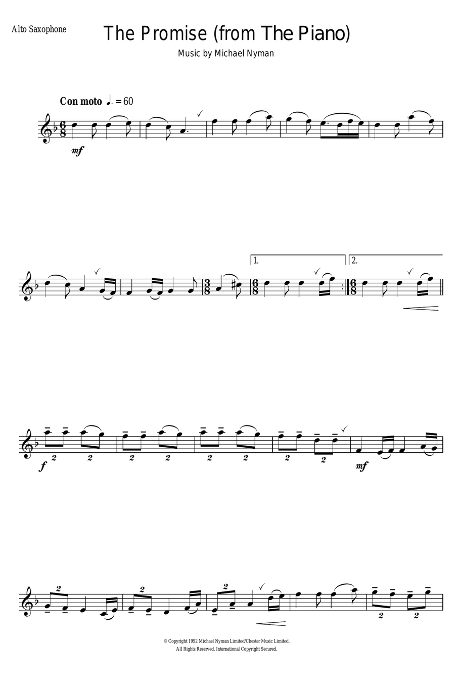 The Promise (from The Piano) Alto Saxophone scores gallery preview page 1