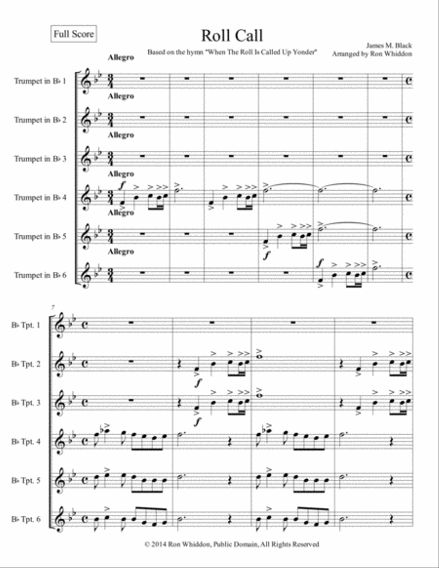 Roll Call For Six Trumpets Brass Ensemble scores gallery preview page 1