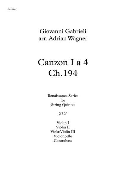 "Canzon I a 4 Ch.194" (Giovanni Gabrieli) String Quintet/Quartet arr. Adrian Wagner image number null