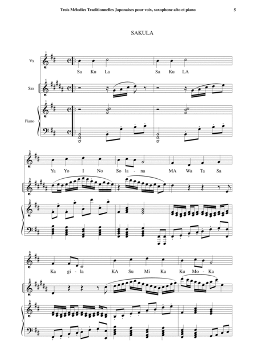 Jean-Thierry Boisseau: Trois Mélodies Japonaises for medium voice, alto saxophone and piano Small Ensemble scores gallery preview page 5