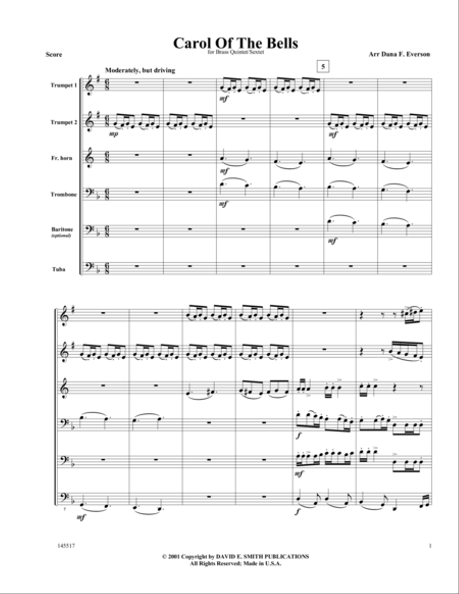 Carol Of The Bells Carol Of The Bells Brass Quintet scores gallery preview page 1