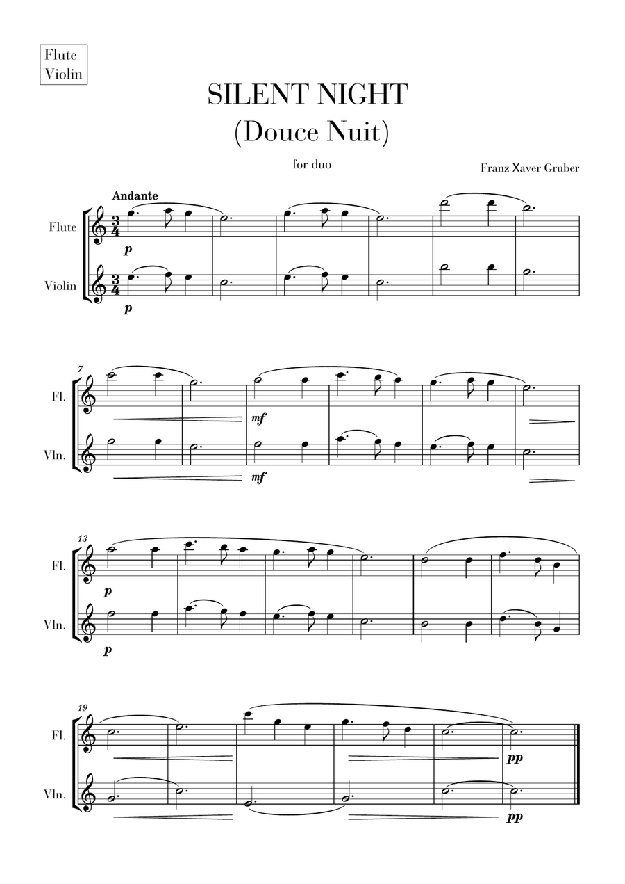 Silent Night for Flute and Violin Flute scores gallery preview page 1