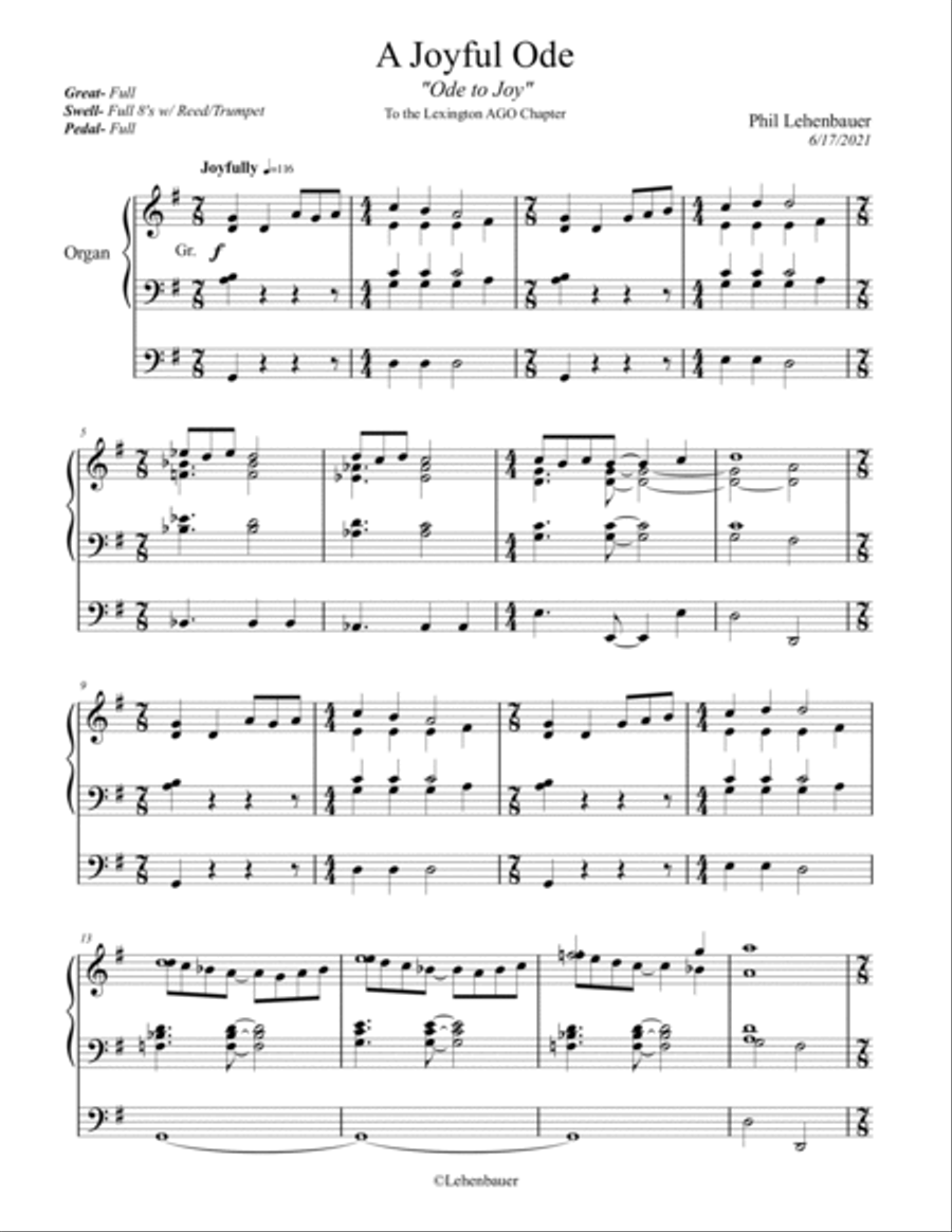 A Joyful Ode (Ode to Joy), organ work by Phil Lehenbauer Organ Solo scores gallery preview page 2
