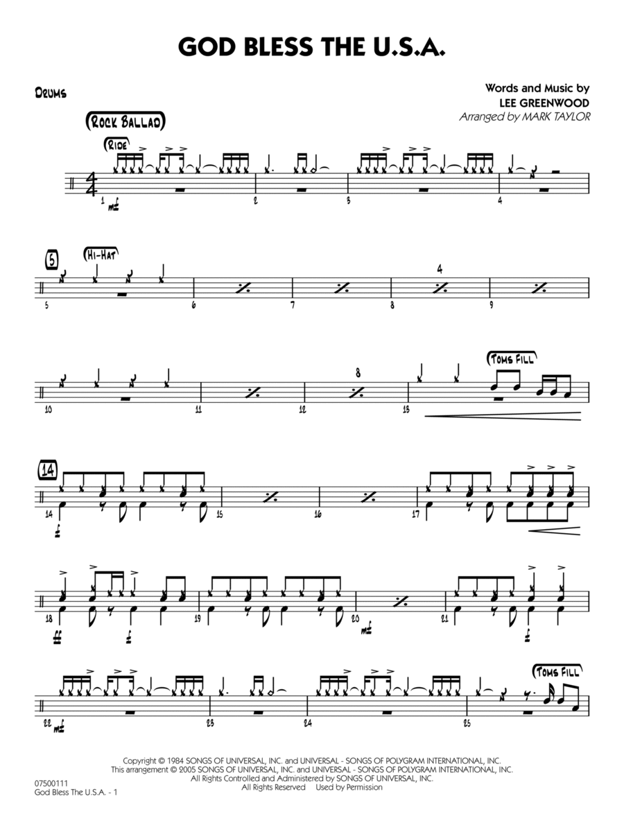 God Bless the U.S.A. (arr. Mark Taylor) - Drums Jazz Ensemble scores gallery preview page 1