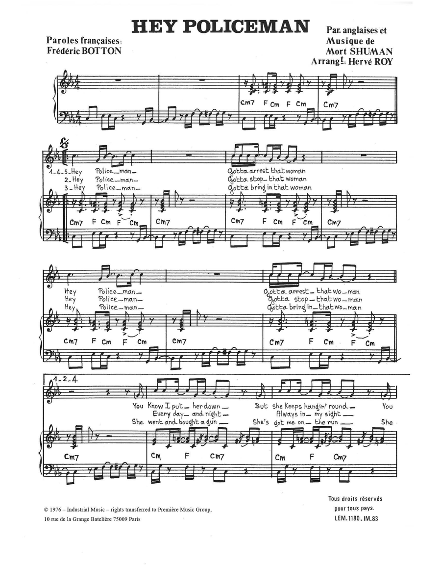 Hey Policeman Piano, Vocal scores gallery preview page 1