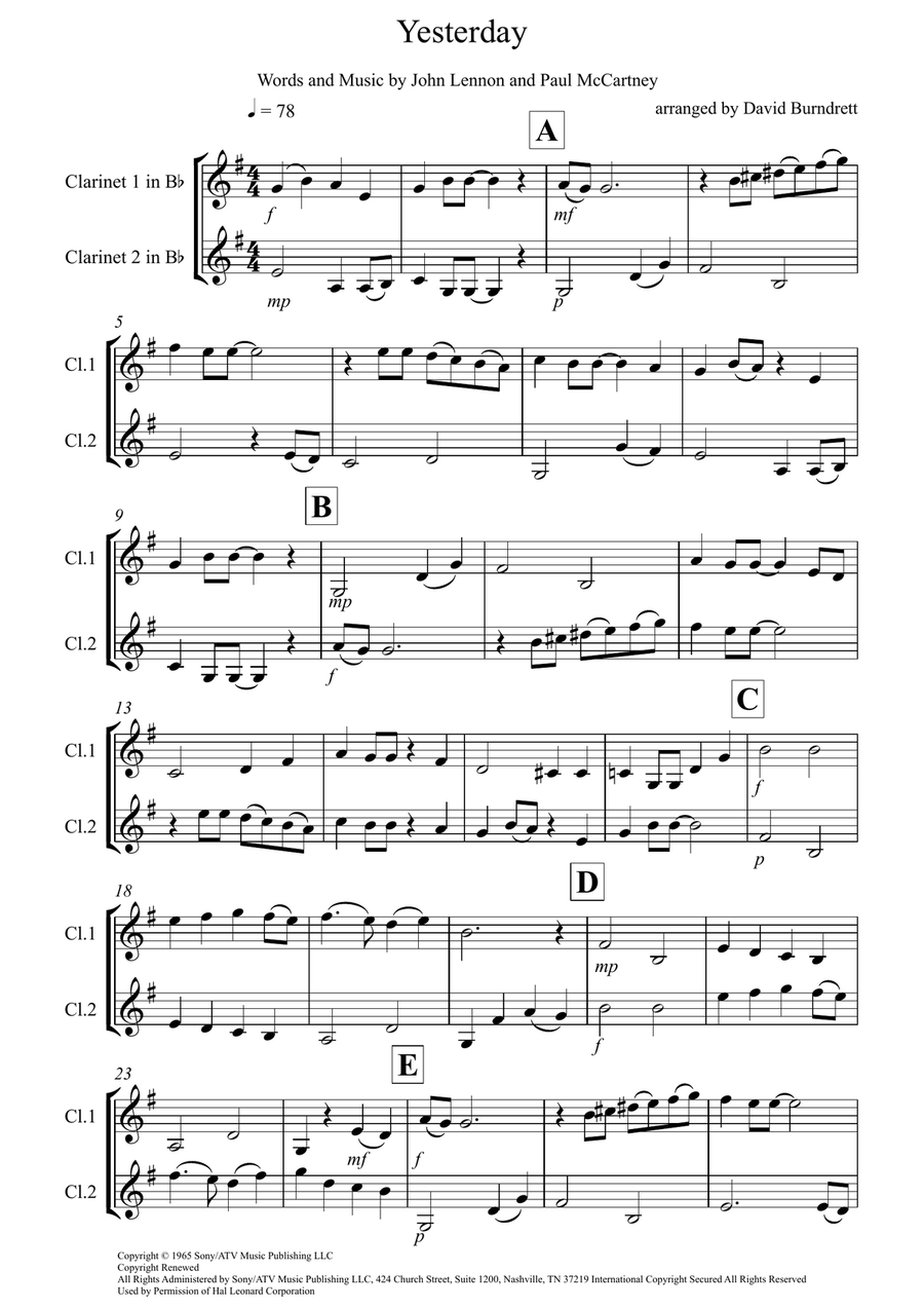 Yesterday Clarinet Solo scores gallery preview page 1