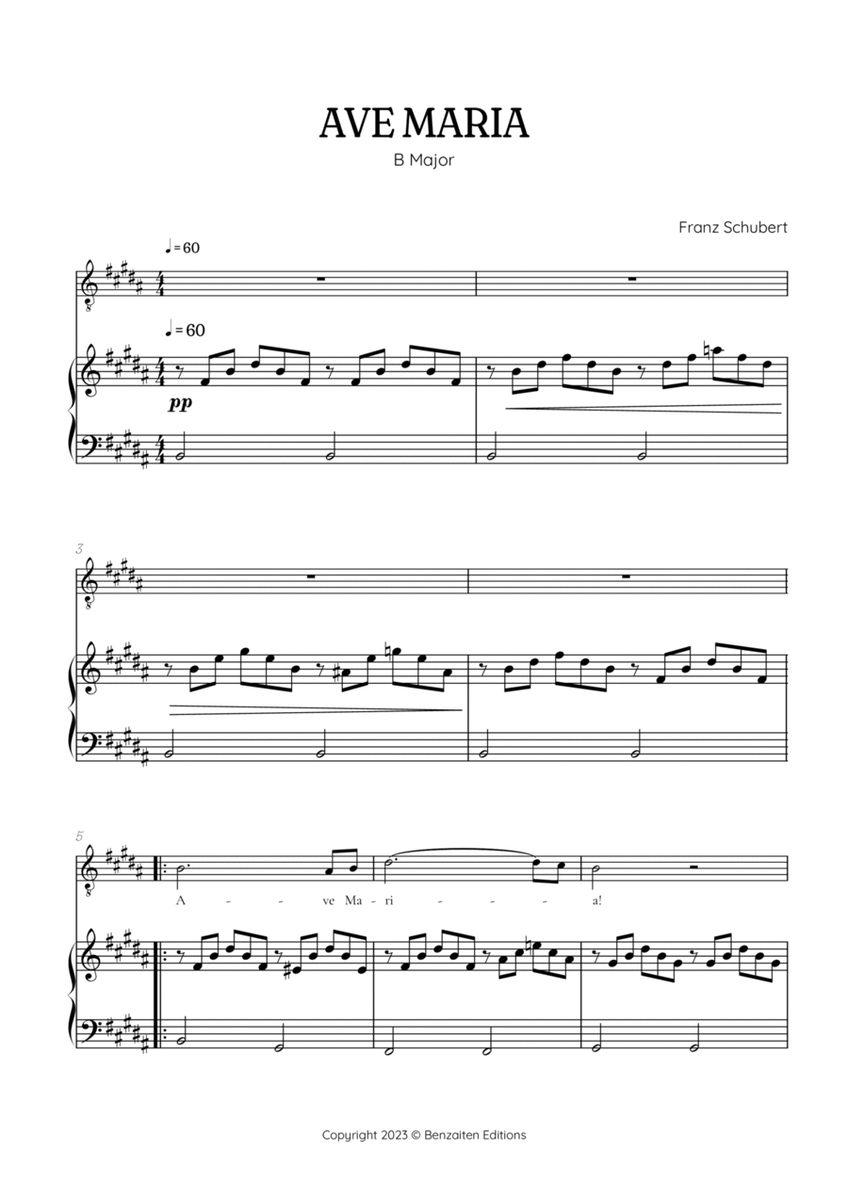 Schubert Ave Maria in B Major • tenor voice sheet music with easy piano accompaniment image number null