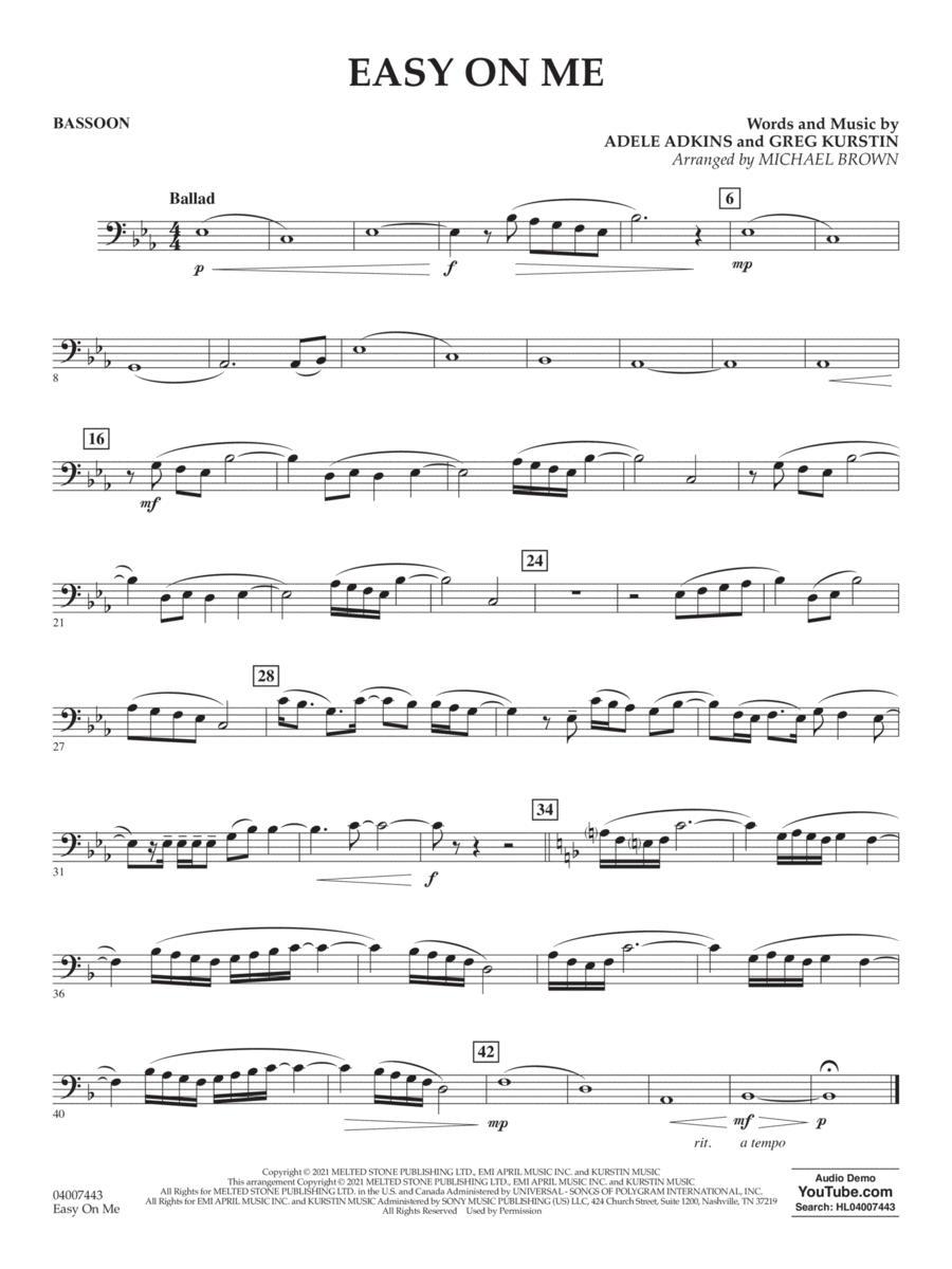 Easy on Me (arr. Michael Brown) - Bassoon