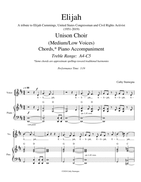Elijah - A Tribute to Elijah Cummings (Unison Choir-Medium/Low Voices, Chords, Piano Acc.) image number null