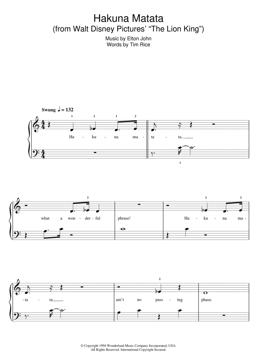 Hakuna Matata (from The Lion King) Easy Piano scores gallery preview page 1