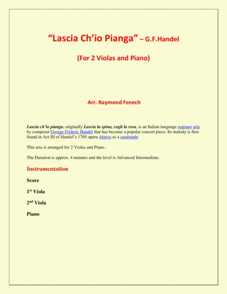 Lascia Ch'io Pianga - From Opera 'Rinaldo' - G.F. Handel ( 2 Violas and Piano) image number null